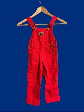 Vintage-Lee Kids Bright Red Bib-Overalls Made In the USA Unisex Size 3T